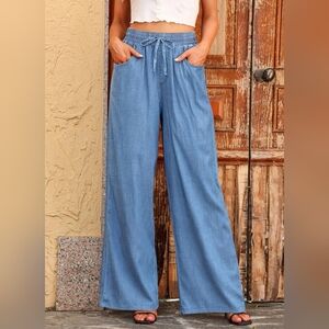 Women's Drawstring Wide Leg Tencel Jeans High Waisted Loose Fit Denim Pants Sz 4